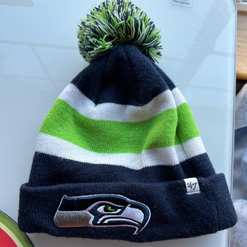 Women’s Blue and Teal Pom Pom Seahawks Beanie